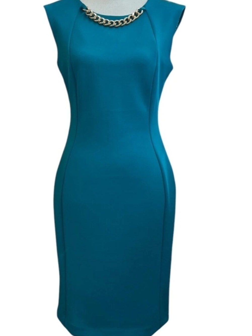Calvin Klein Women's Turquoise Gold Chain Accent Sleeveless Sheath Dress 6